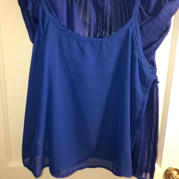 Lulu's Blouse Blue Mock Neck Top Long Bell Sleeve - Picture 6 of 13